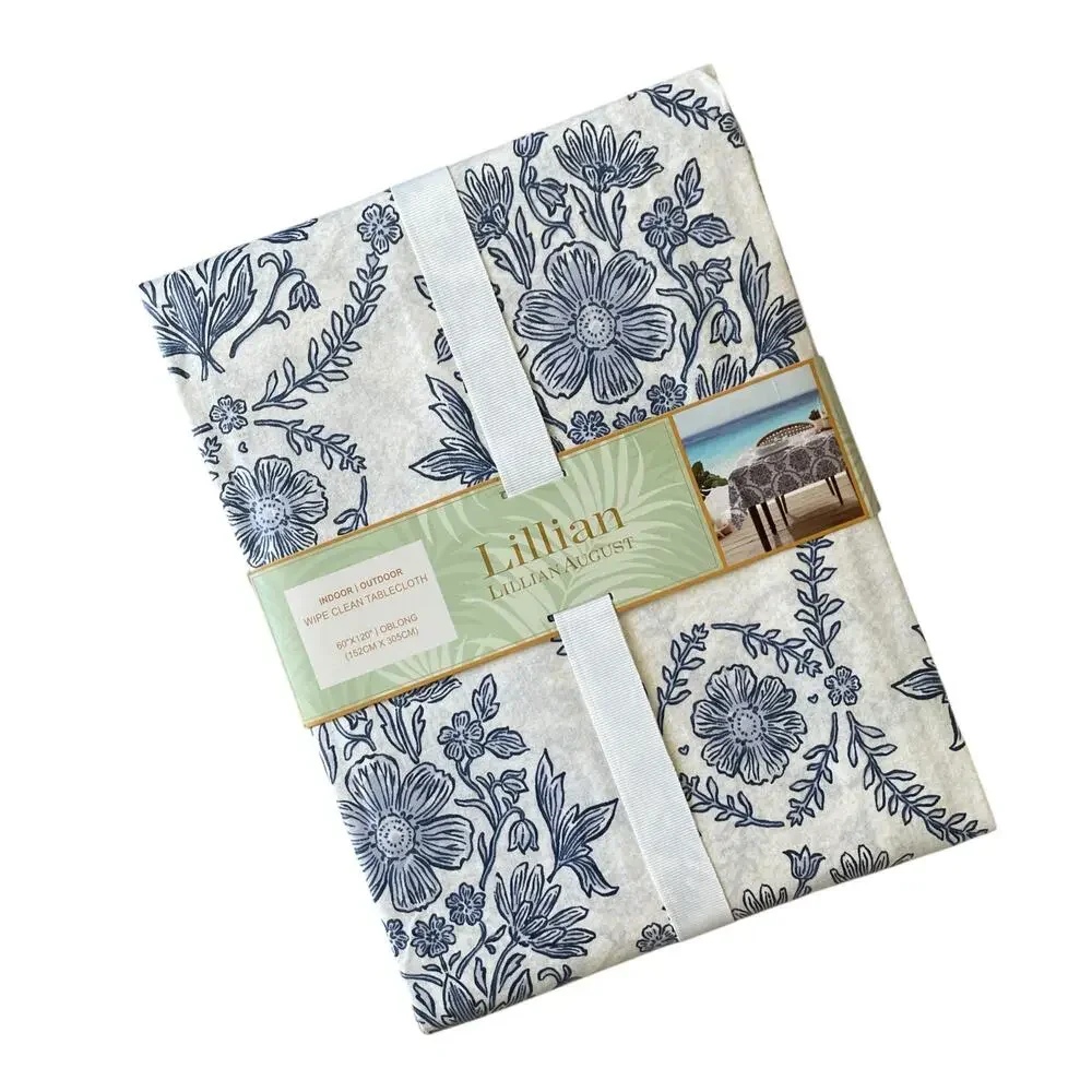 Lillian August Floral Easy Care Indoor Outdoor Tablecloth 60x120 Blue White NEW